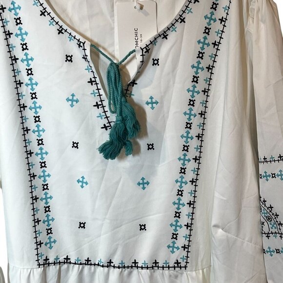 Boho Chic White & Blue Embroidered Midi Dress With Tassels 3/4 Sleeves sz 26 NWT - Picture 3 of 7